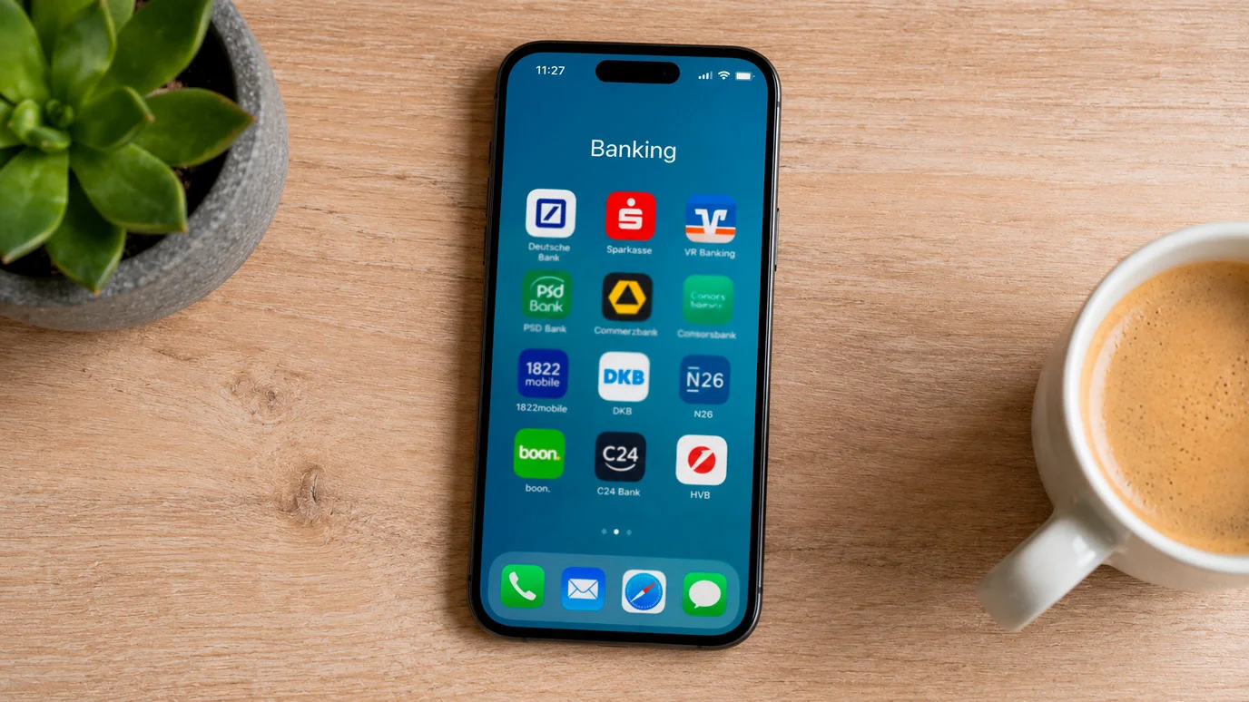 Smartphone-Display mit verschiedenen Banking-Apps für mobile Casino-Einzahlungen