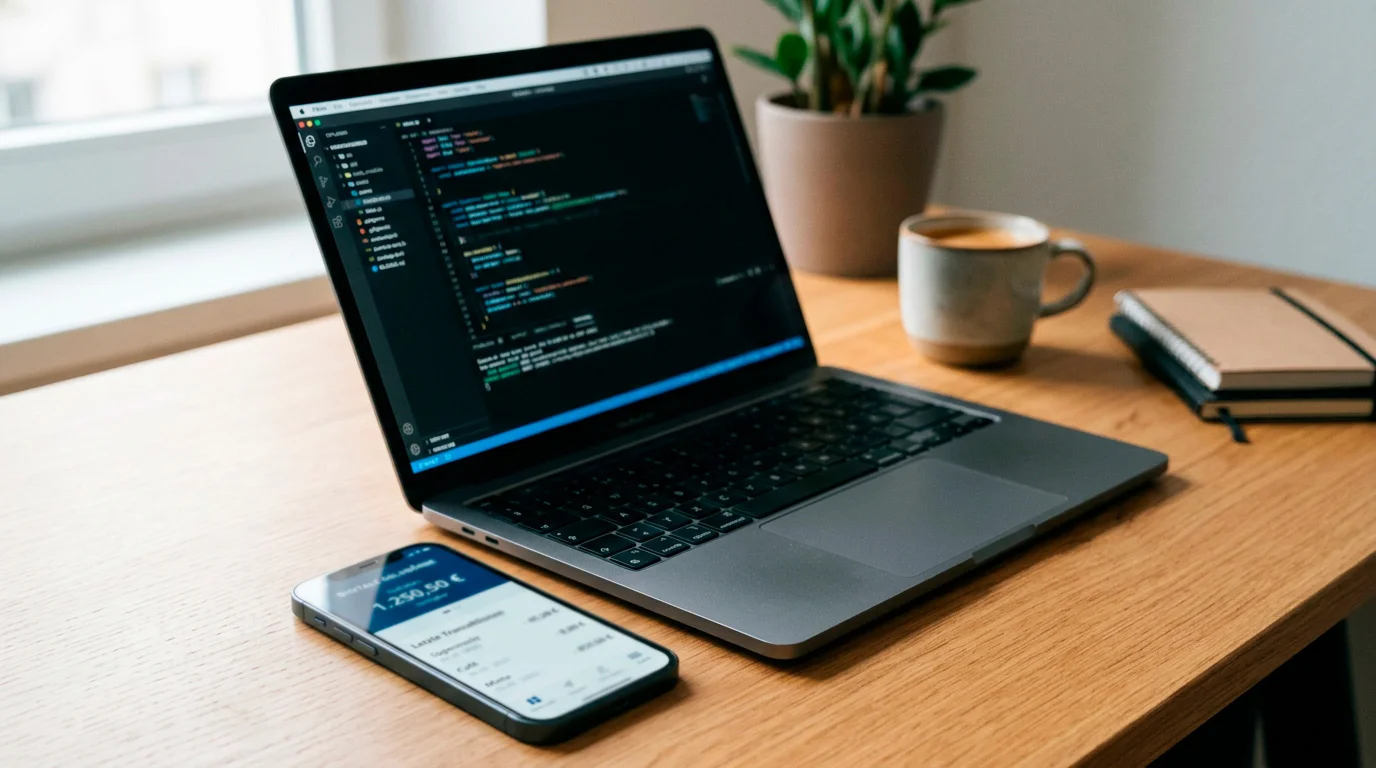 Smartphone mit einer E-Wallet-App neben einem Laptop auf einem Schreibtisch