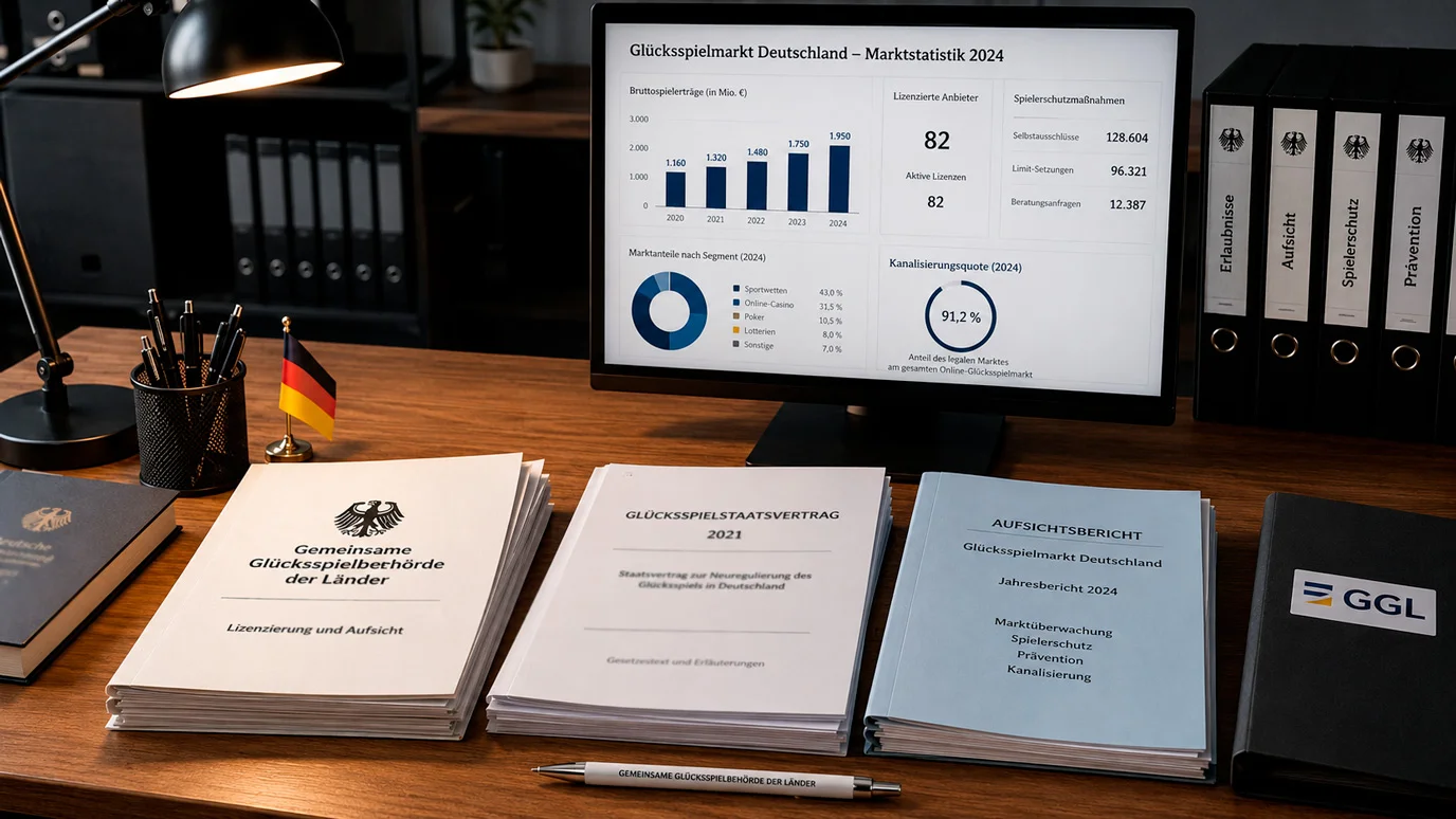 Büroarbeitsplatz mit Dokumenten zur Glücksspielregulierung und einem Monitor mit dem GGL-Logo im Hintergrund