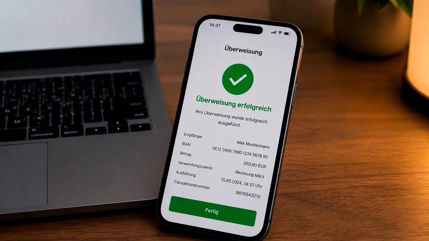 Smartphone-Bildschirm mit einer Casino-Auszahlungsbestätigung per Banküberweisung