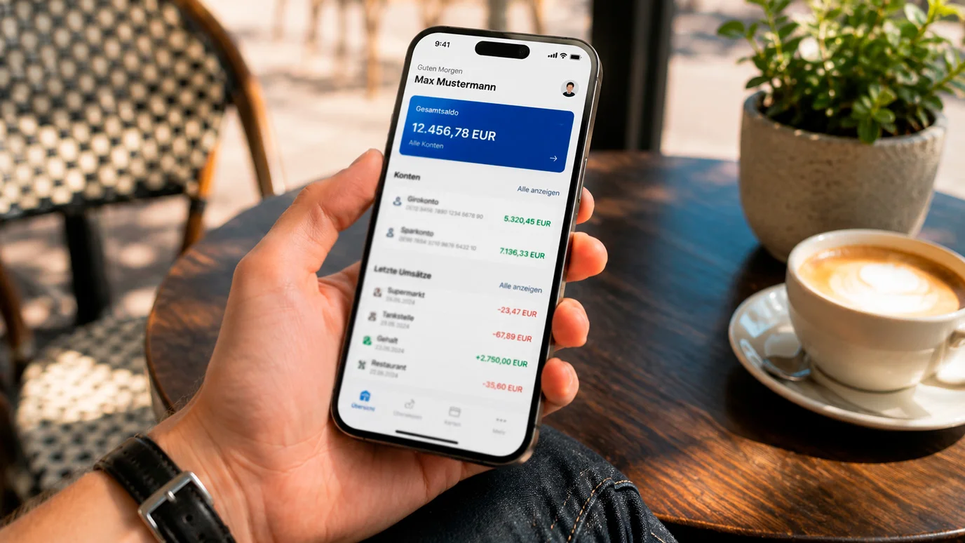 Smartphone mit geöffneter Banking-App neben einer Casino-Kassenseite für mobile Einzahlungen