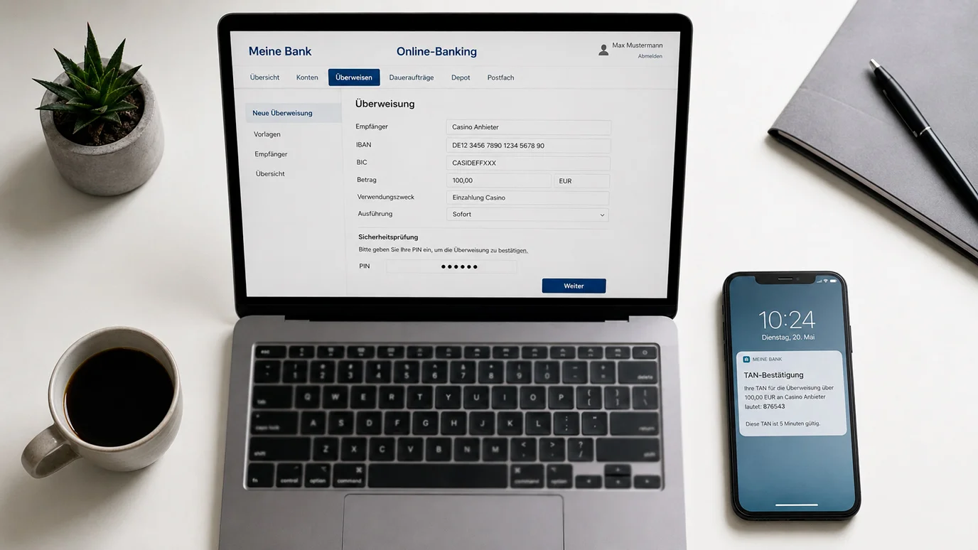 Online-Banking-Anwendung auf einem Laptop-Bildschirm mit einer Banküberweisung für Casino-Zahlungen in Deutschland