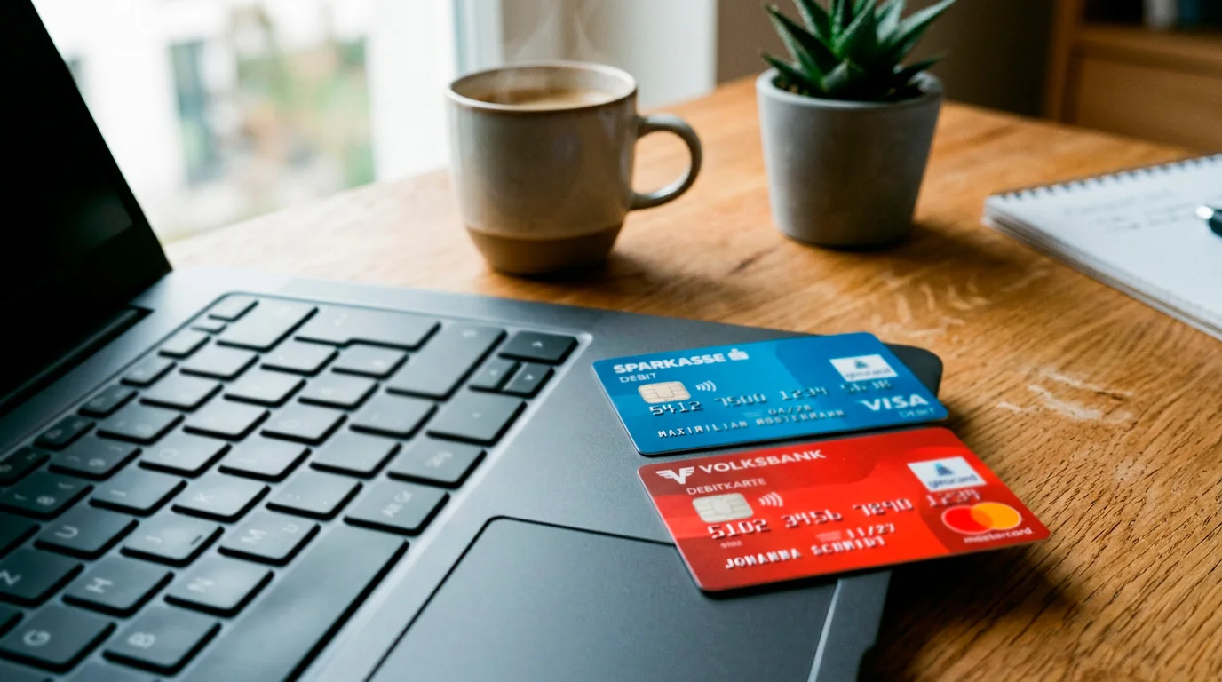 Visa- und Mastercard-Debitkarten neben einem Laptop mit Casino-Kassenseite