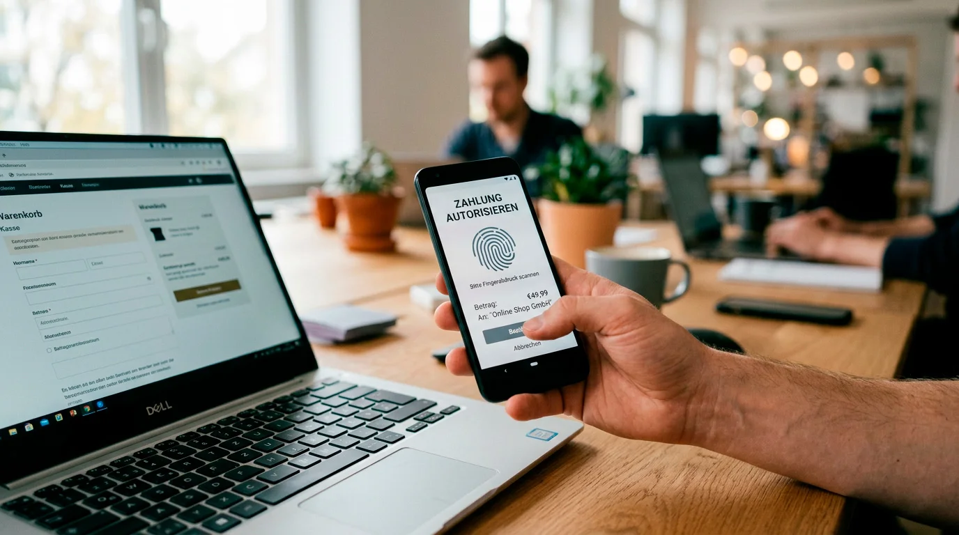 Smartphone mit einer Open-Banking-Zahlungsbestätigung neben einem Laptop