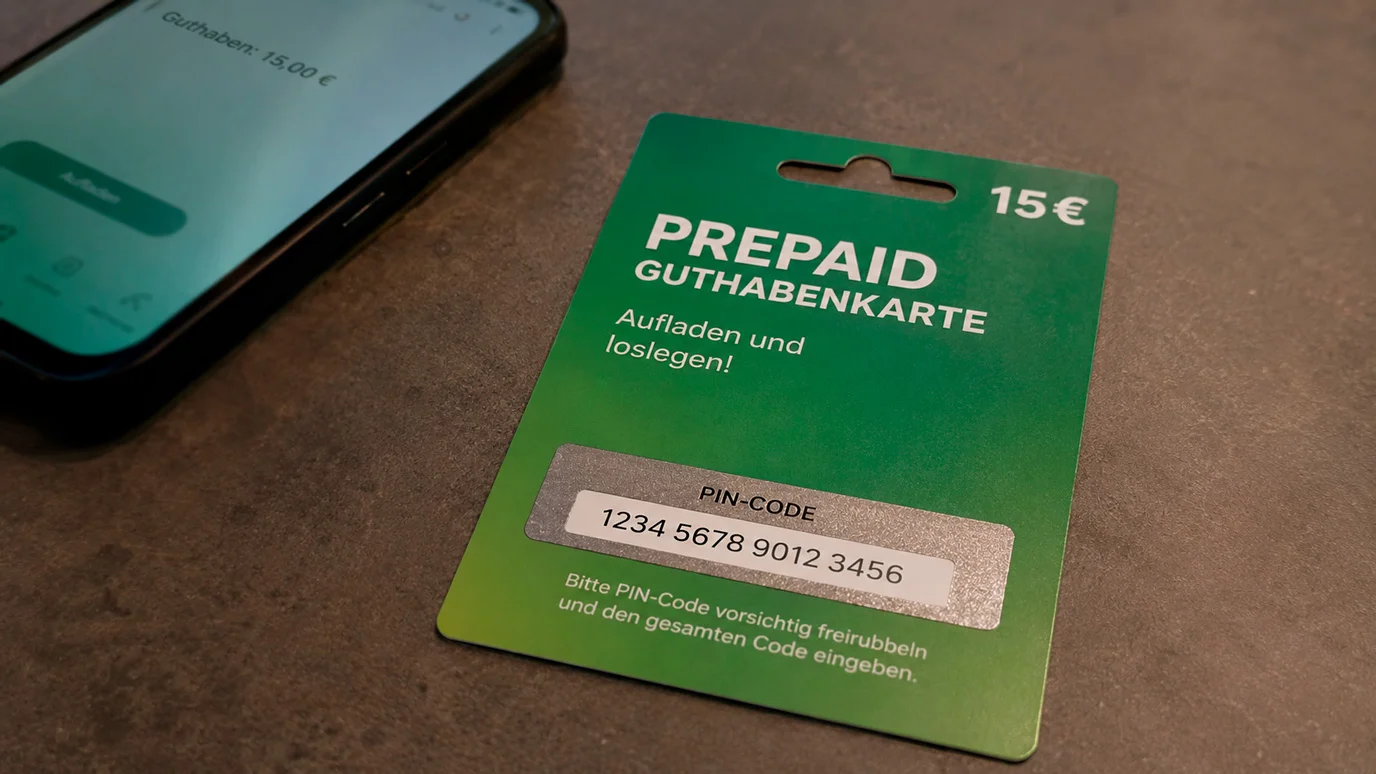 Paysafecard-Guthabenkarte neben einem Smartphone auf einem Tisch