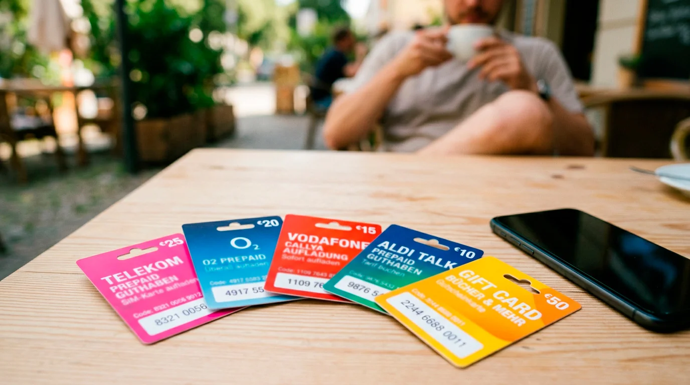 Verschiedene Prepaid-Guthabenkarten auf einem Tisch neben einem Smartphone