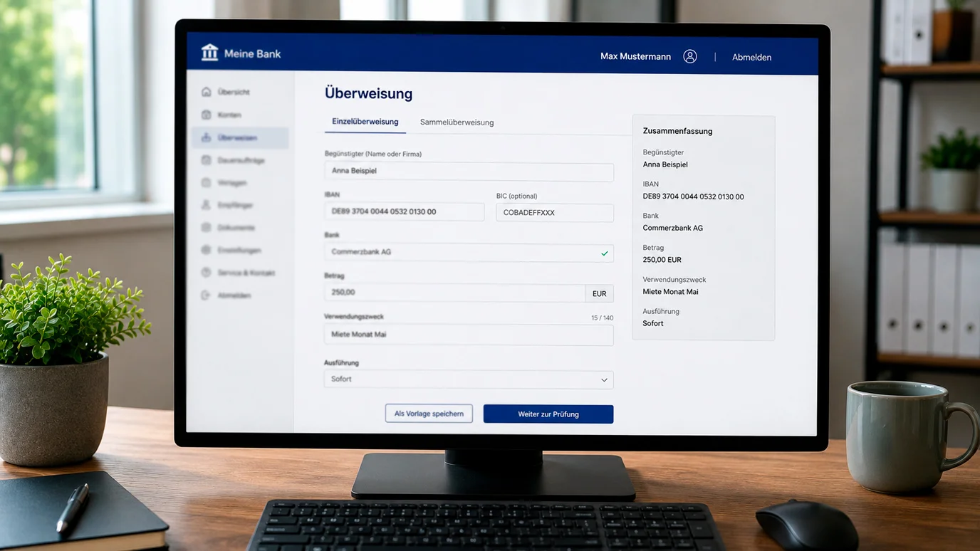 Online-Banking-Oberfläche mit einer Sofortüberweisung im Bearbeitungsstatus