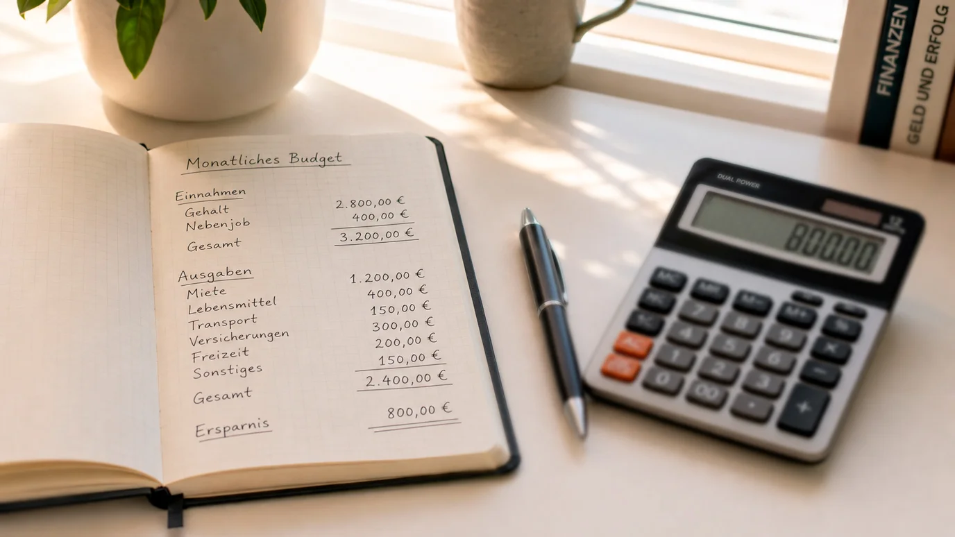Notizbuch mit Budgetplanung und Taschenrechner auf einem Schreibtisch