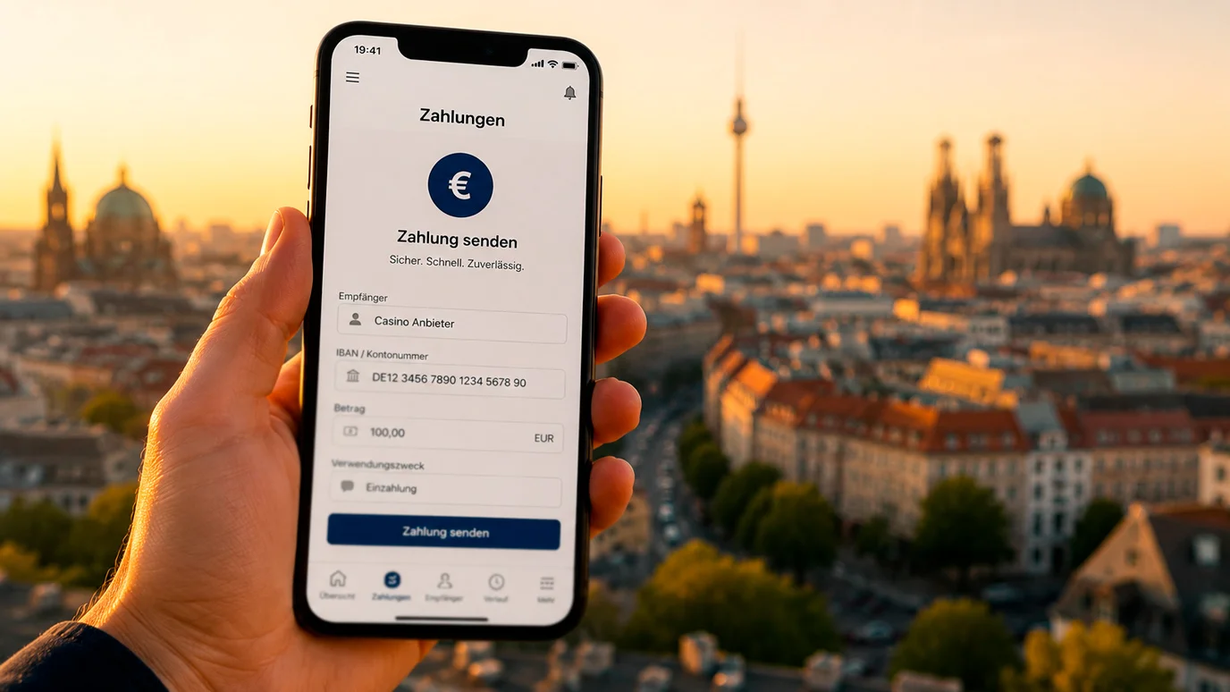 Smartphone mit einer modernen Banking-App und dem Wero-Logo auf dem Display, im Hintergrund eine europäische Stadtansicht